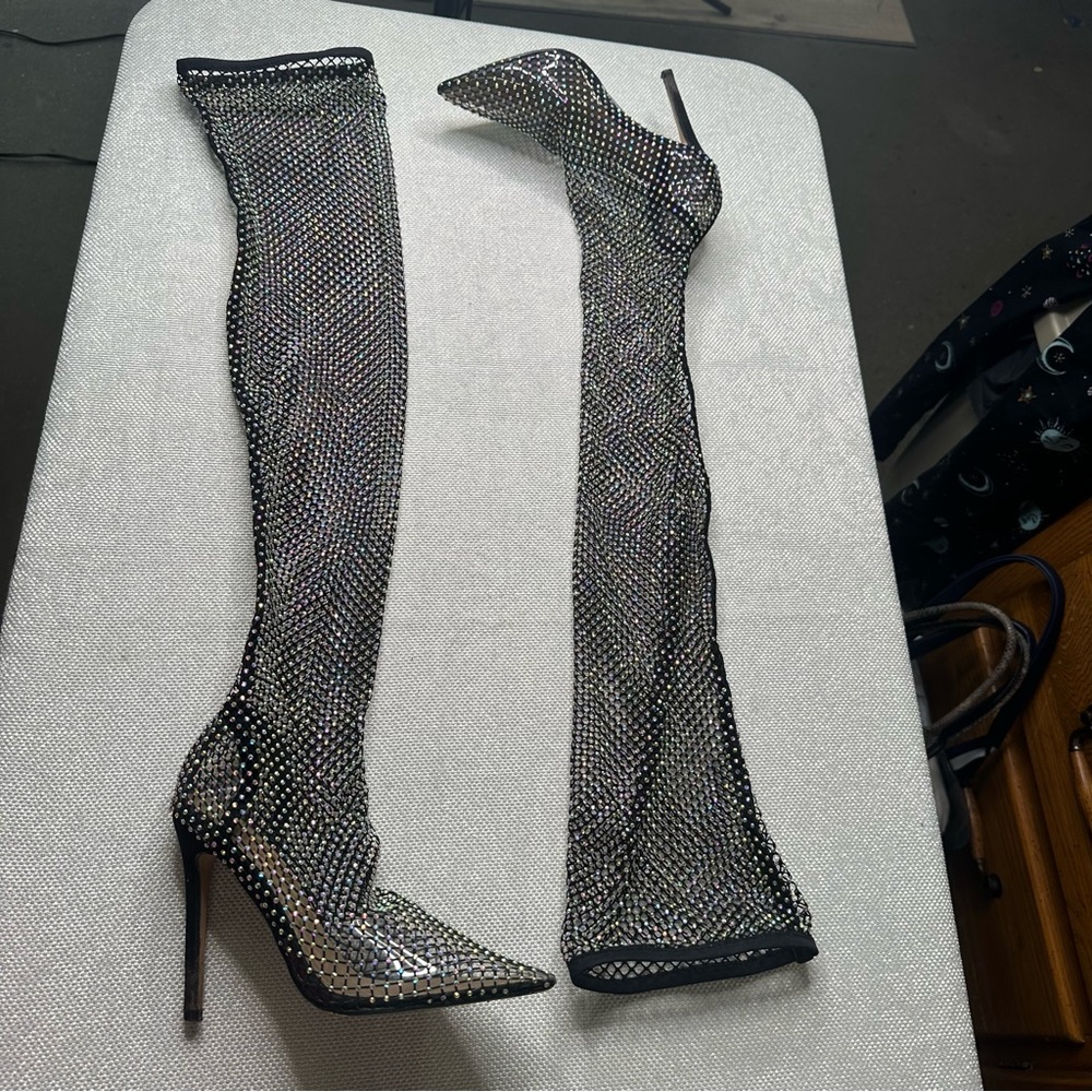Fashion Nova 🍓 Crystal Mesh Thigh High Stiletto Heels Sz 7